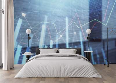 Double exposure of stock market graph on empty exterior background. Concept of analysis Wall mural