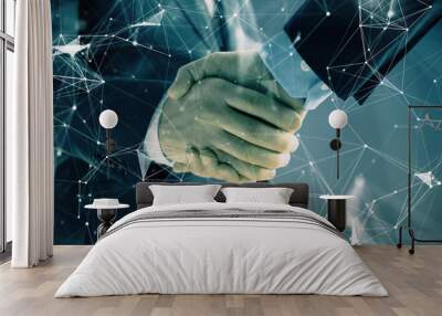 Double exposure of tech drawing on abstract background with two men handshake. Concept of technology in modern business Wall mural