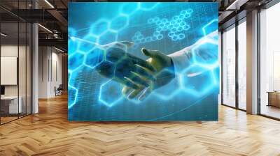 Double exposure of tech drawing on abstract background with two men handshake. Concept of technology in modern business Wall mural