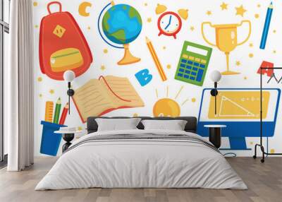 Education at school isolated elements set in flat design. Bundle of backpack, globe, clock, stationery, calculator, win champion cup, textbook, light bulb, computer and other. Wall mural