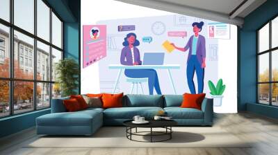 Employee hiring process concept with people scene for web. Woman submits resume for open vacancy. HR manager selects candidate and interviews at meeting. Vector illustration in flat perspective design Wall mural