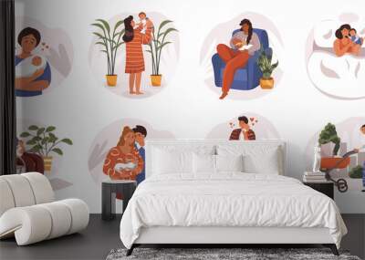 Families with newborns web concept in flat design. Young mothers and fathers holding and hugging babies, take care of children, happy parents feeling love to kids, modern scene. Vector illustration. Wall mural