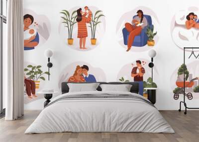 Families with newborns web concept in flat design. Young mothers and fathers holding and hugging babies, take care of children, happy parents feeling love to kids, modern scene. Wall mural