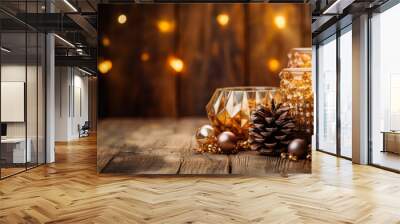 Festive holiday scene with candles and decorations. Two lit candles in glass holders with gold beads. Pine cones and baubles on a wooden table. Wooden wall with fairy lights in the background.  Wall mural