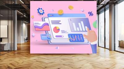 Financial report chart concept 3D illustration. Icon composition with dashboard with charts and graphs. Business analytics, accounting, budget calculating. Illustration for modern web design Wall mural