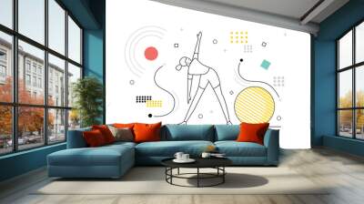 Fitness concept with people scene in the flat line cartoon design. The girl performs various physical exercises to keep her body in good shape. Vector illustration. Wall mural