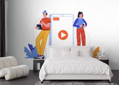 Followers watch blogger live streaming at mobile phones. Man and woman watching videos, people scene isolated. Online communication and content concept. Illustration in flat minimal design Wall mural