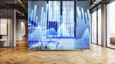 Forex chart hologram with minimalistic cabinet interior background. Double exposure. Stock market concept. Wall mural