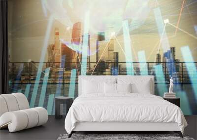 Forex graph with map hologram with city view from roof background. Double exposure. Financial analysis concept. Wall mural