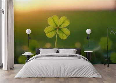 Four leaf clover bringing good luck on a green blurred background. St.Patrick 's Day Wall mural