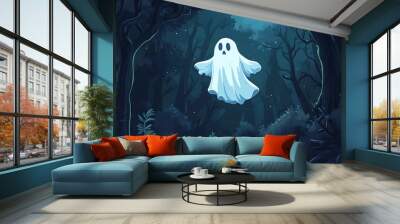 funny ghost halloween flying in the dark forest at night Wall mural