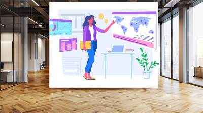 Global economic concept with people scene for web. Woman researching market and analysis business trends, developing international company and investing. Illustration in flat perspective design Wall mural