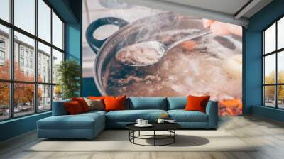 Cook with a spoon removes the foam from the boiling soup in a saucepan Wall mural