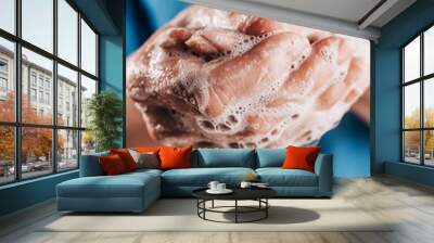 Thorough hand washing with soap - thick soapy foam on the skin - disinfection at home Wall mural