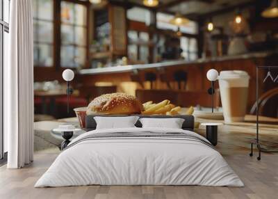 hamburger, fries and cup coffee drink on a table in a cafe Wall mural