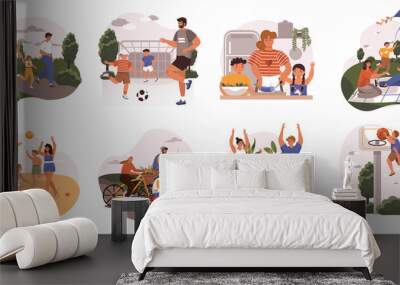 Healthy families web concept in flat design. Parents and children pastime together, running, playing ball, riding bicycles, doing yoga, cooking and rest at picnic modern scene. Wall mural