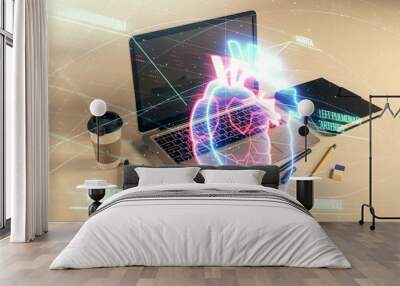 Heart hologram with desktop office background. Double exposure. Concept of medical education Wall mural