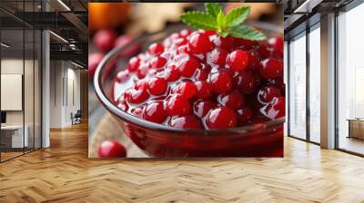 Homemade cranberry sauce in a glass bowl garnished with fresh mint leaves Wall mural