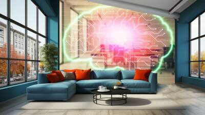 Human brain drawing with office interior on background. Double exposure. Concept of innovation. Wall mural