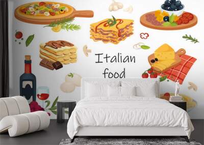 Italian food elements isolated set. Bundle of traditional dishes - pizza, lasagna, spaghetti, olive, pasta, parmesan cheese, wine, sweet desserts and other. Vector illustration in flat cartoon design Wall mural