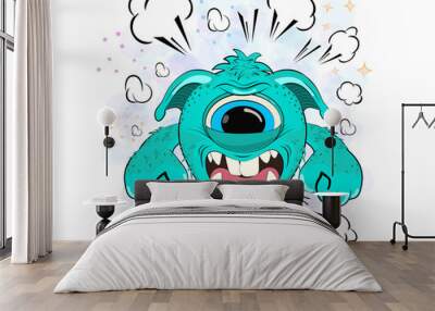 Cool Angry Monster. Illustration of a cartoon evil monster against a background of clouds of smoke and stars. Colorful children's illustration. Wall mural