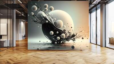 Liquid splash with black and white balloons. Matte blurred background. Wall mural