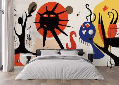 Surreal art illustration in Joan Miro style. Abstract Painting with Geometric Shapes. Wall mural