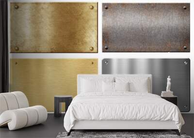 brass, steel, aluminum metal plates set isolated on white Wall mural