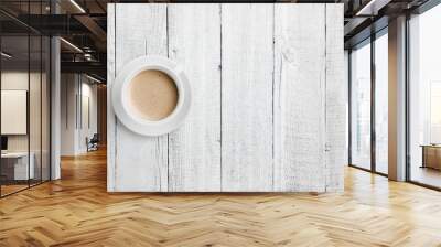 coffee cup on white wood table top view  Wall mural