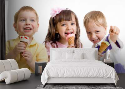 happy children or kids group with ice cream isolated on white Wall mural