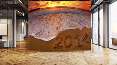 new year 2014 digits on ocean beach sunset Wall mural