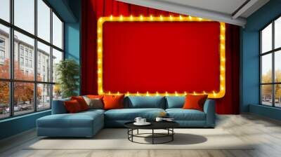 Red light sign with gold frame on theatre or cinema curtain Wall mural