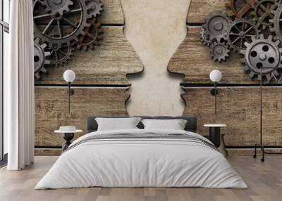 two human head silhouettes with cogs and gears Wall mural