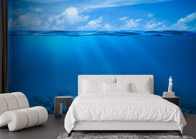 Underwater coral reef seabed view with horizon and water surface Wall mural