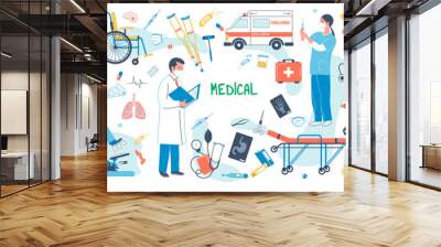 Medical concept isolated elements set. Bundle of doctor reads medical history, nurse vaccinates, medical instruments, x-ray, wheelchair, ambulance, pharmacy. Illustration in flat cartoon design Wall mural