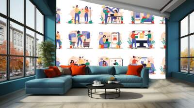 Mega set of different concepts with people scene in flat cartoon design. A massive collection of bright illustrations with various life situations on a beige background. Vector illustration. Wall mural