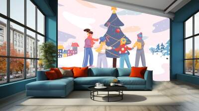 Merry Christmas banner. Children dancing around decorated holiday tree in winter city park background. Seasonal entertainment poster. Illustration for backdrop or placard in flat cartoon design Wall mural