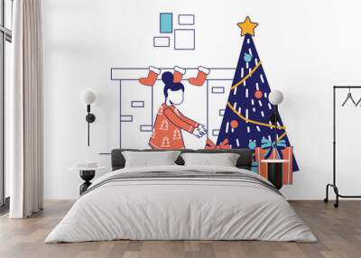 Merry Christmas concept in flat line design for web banner. Little girl takes gift near holiday tree in festive decorated living room, modern people scene. Vector illustration in outline graphic style Wall mural