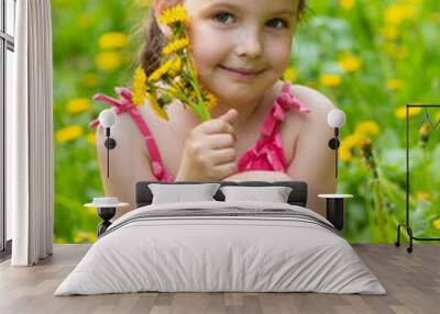 Little girl playing in the meadow with dandelions Wall mural