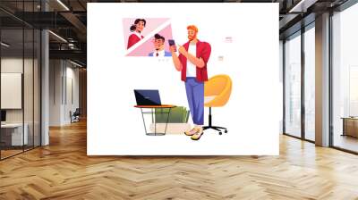 Mobile consulting concept with people scene in flat design. Man writes in online chat or make video call and communicates with customer support. Illustration with character situation for web Wall mural