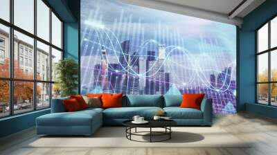 Multi exposure of financial chart on Moscow city downtown background. Concept of stock market analysis Wall mural