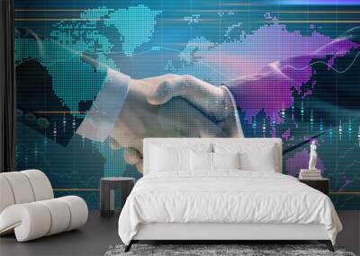 Multi exposure of forex graph and world map on abstract background with two businessmen handshake. Concept of success on international markets Wall mural