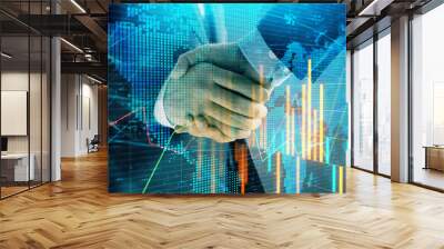 Multi exposure of forex graph and world map on abstract background with two businessmen handshake. Concept of success on international markets Wall mural