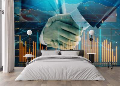 Multi exposure of forex graph on abstract background with two businessmen handshake. Concept of success on stock market Wall mural