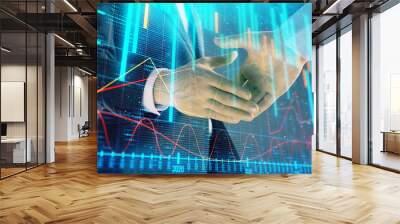 Multi exposure of forex graph on abstract background with two businessmen handshake. Concept of success on stock market Wall mural