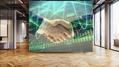 Multi exposure of forex graph on abstract background with two businessmen handshake. Concept of success on stock market Wall mural