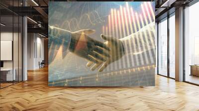 Multi exposure of forex graph on abstract background with two businessmen handshake. Concept of success on stock market Wall mural