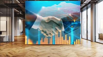 Multi exposure of forex graph on abstract background with two businessmen handshake. Concept of success on stock market Wall mural