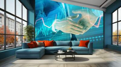 Multi exposure of forex graph on abstract background with two businessmen handshake. Concept of success on stock market Wall mural