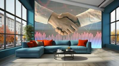 Multi exposure of forex graph on abstract background with two businessmen handshake. Concept of success on stock market Wall mural